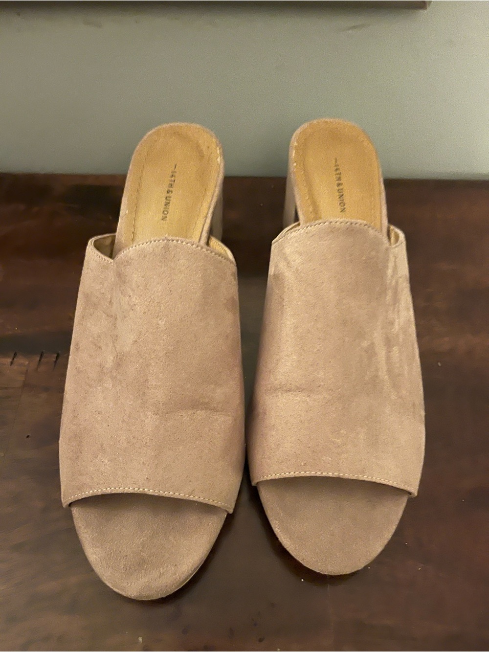 14th & Union Taupe Suede Open Toe Block Heel Mules - Size 9